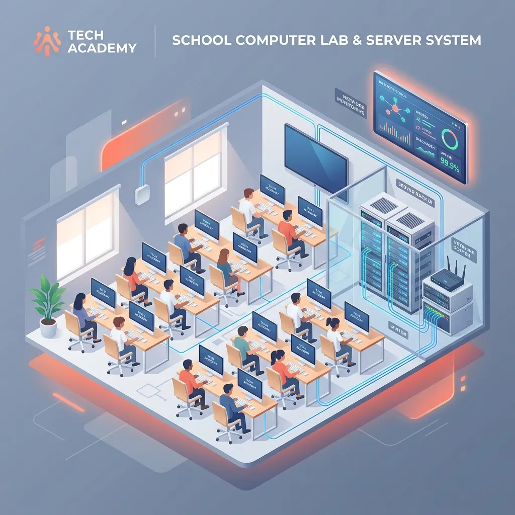Ilustración isométrica premium de un laboratorio tecnológico con servidores y seguridad